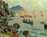 Boats Canvas Paintings - Boats in a Rocky Cove